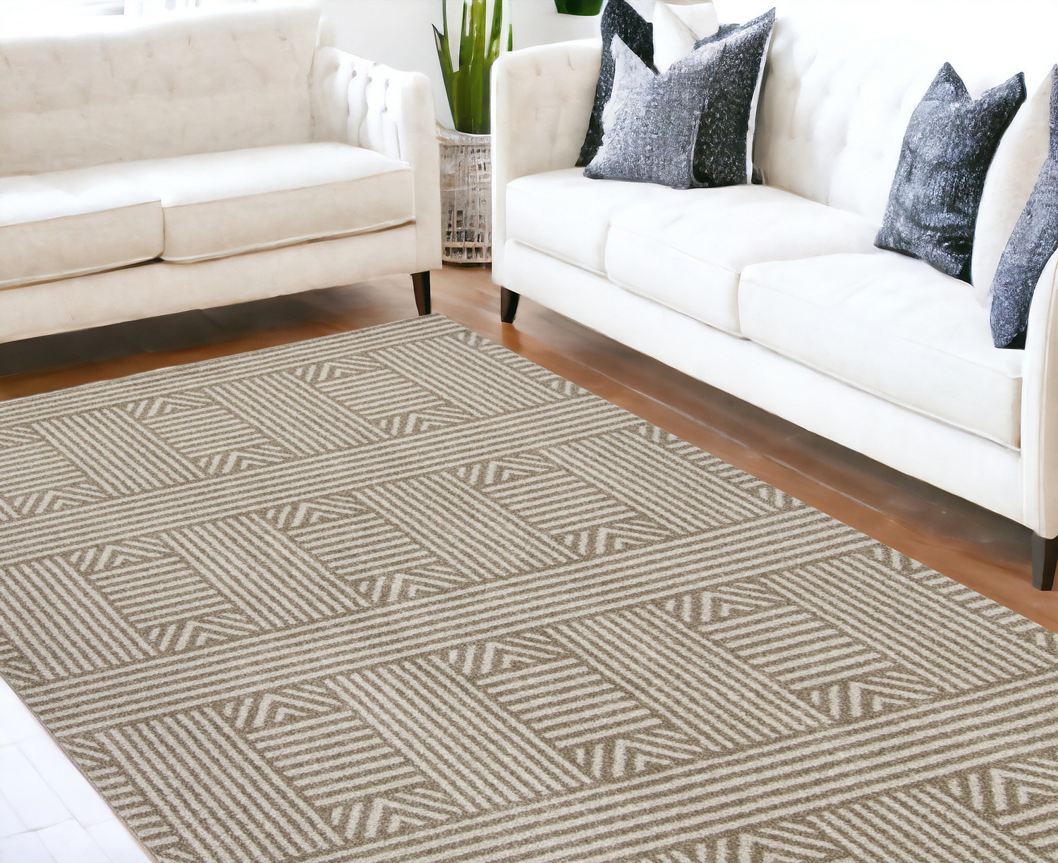 7' X 9' Beige Geometric Lines Uv Treated Indoor Area Rug-352602-1