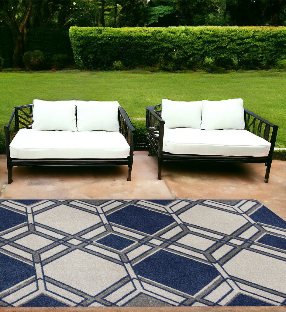 7' X 10' Ivory and Blue Geometric Indoor Outdoor Area Rug-352603-1