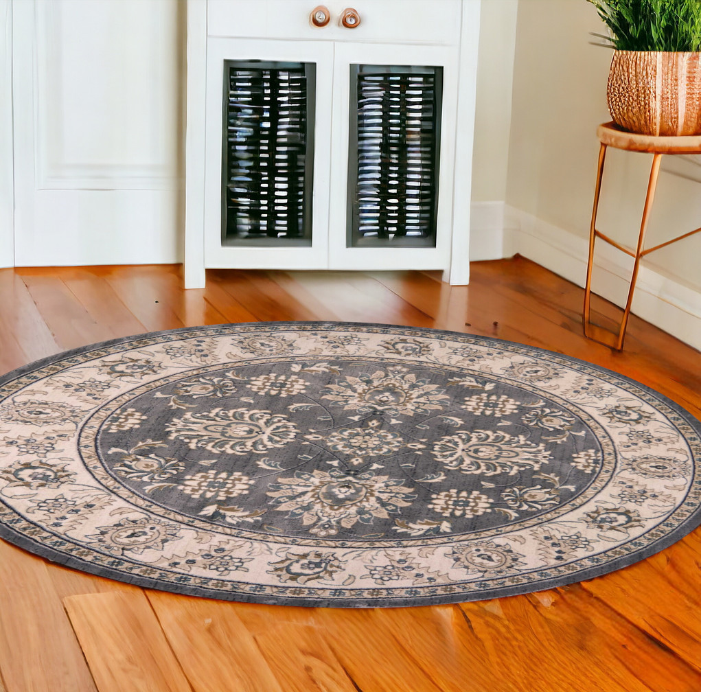 8' Gray And Ivory Round Floral Area Rug-352687-1