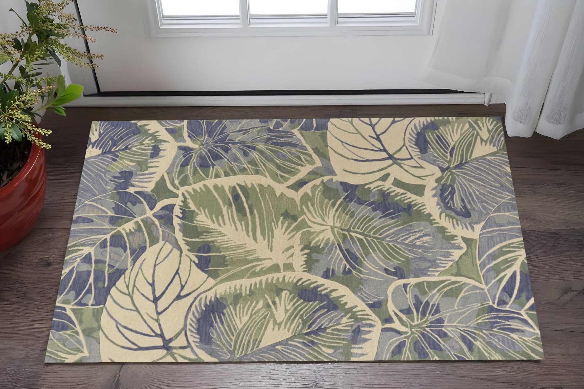 3' X 5' Blue And Green Wool Botanical Leaves Hand Tufted Area Rug-352731-1