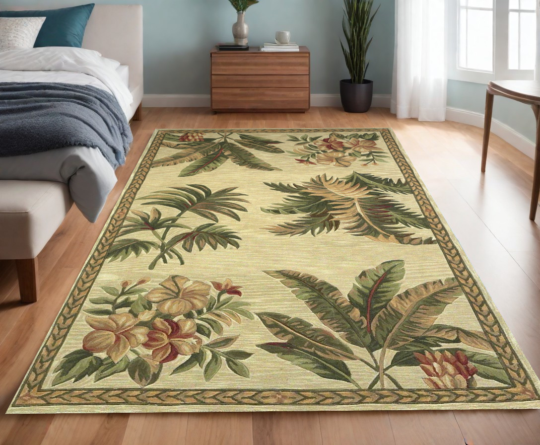 4' x 6' Ivory and Green Tropical Botanical Hand Tufted Area Rug-352734-1