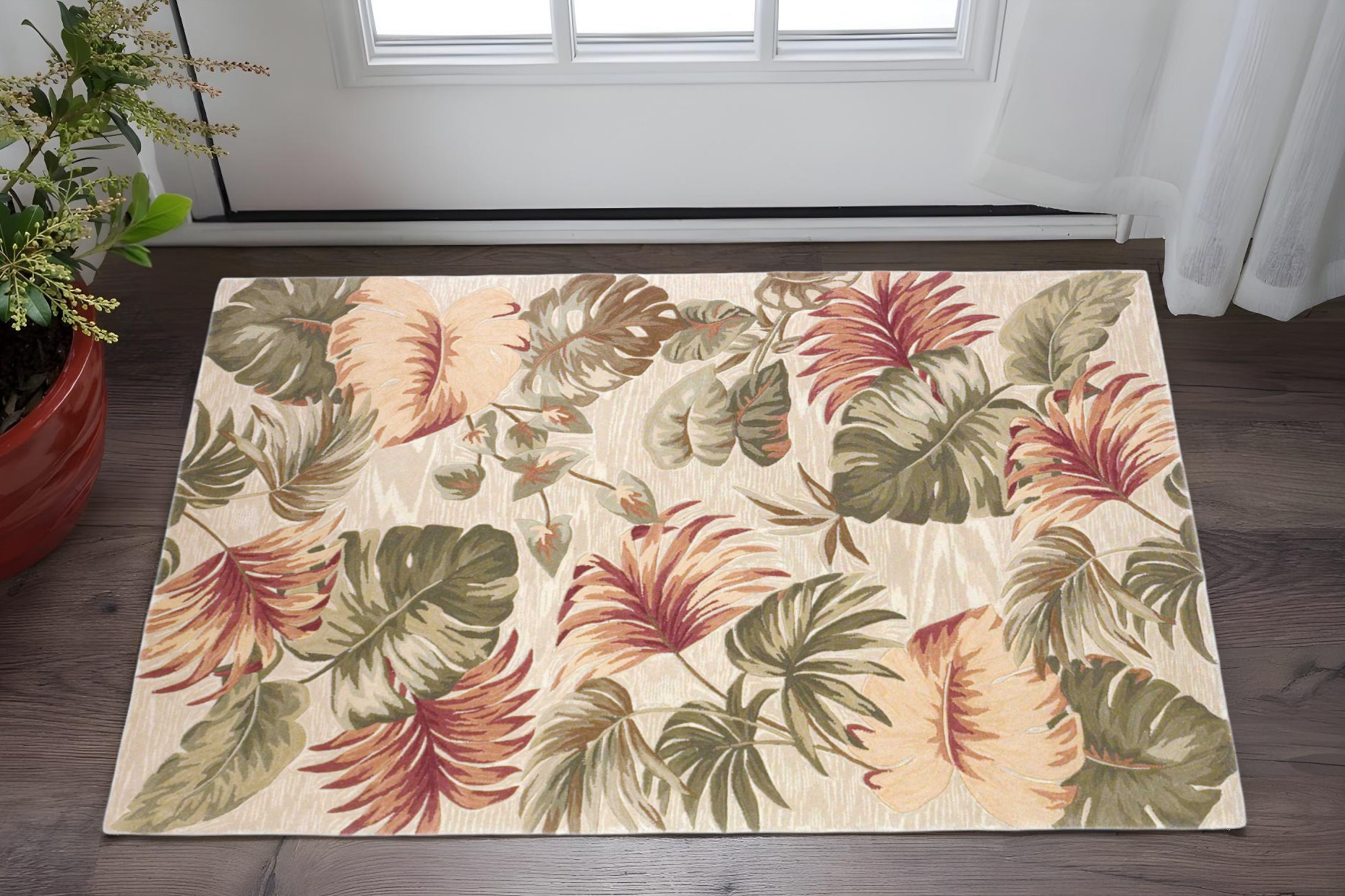 3' X 5' Beige Green And Pink Wool Botanical Leaves Hand Tufted Area Rug-352739-1