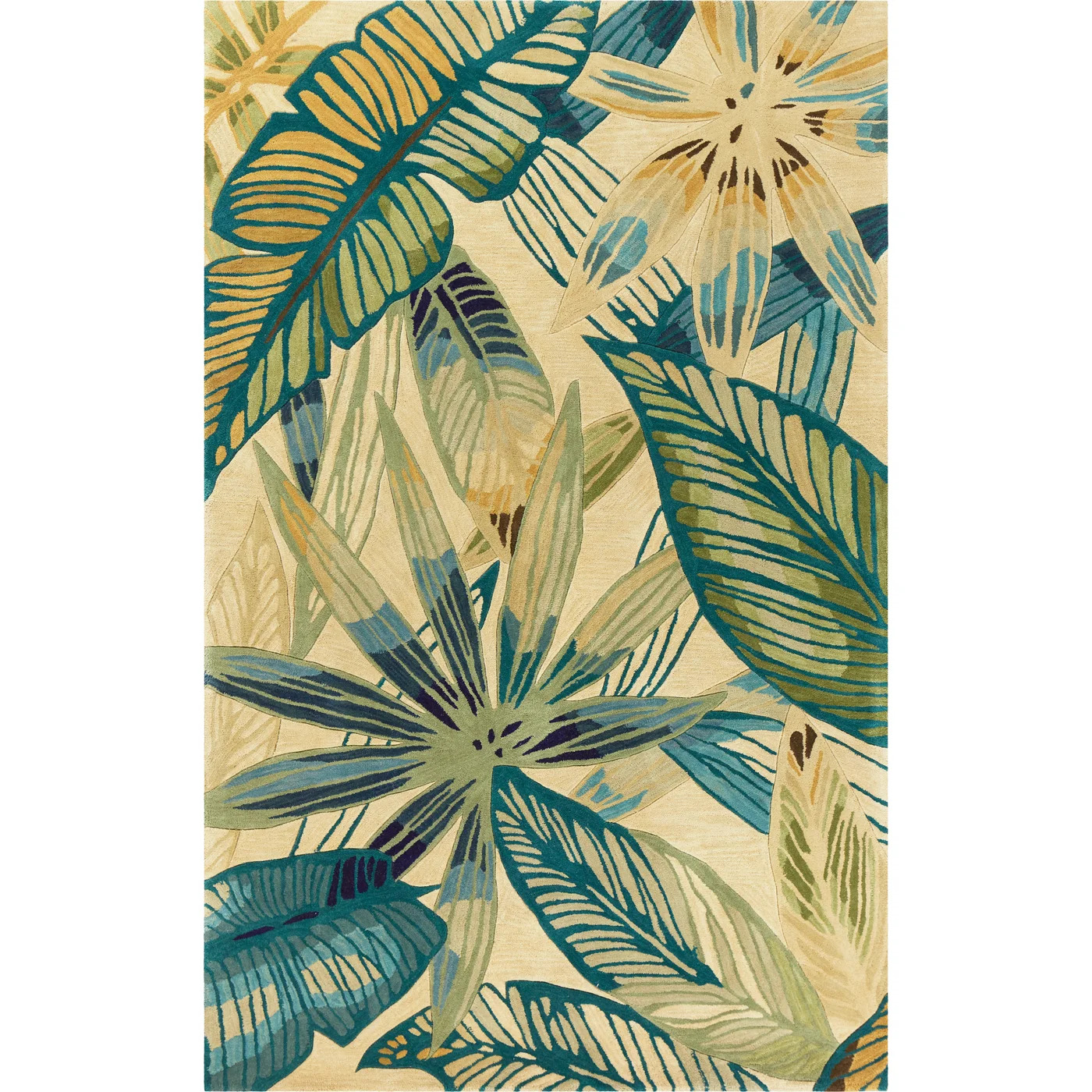 3' X 5' Ivory Or Teal Tropical Leaves Wool Indoor Area Rug-352742-1