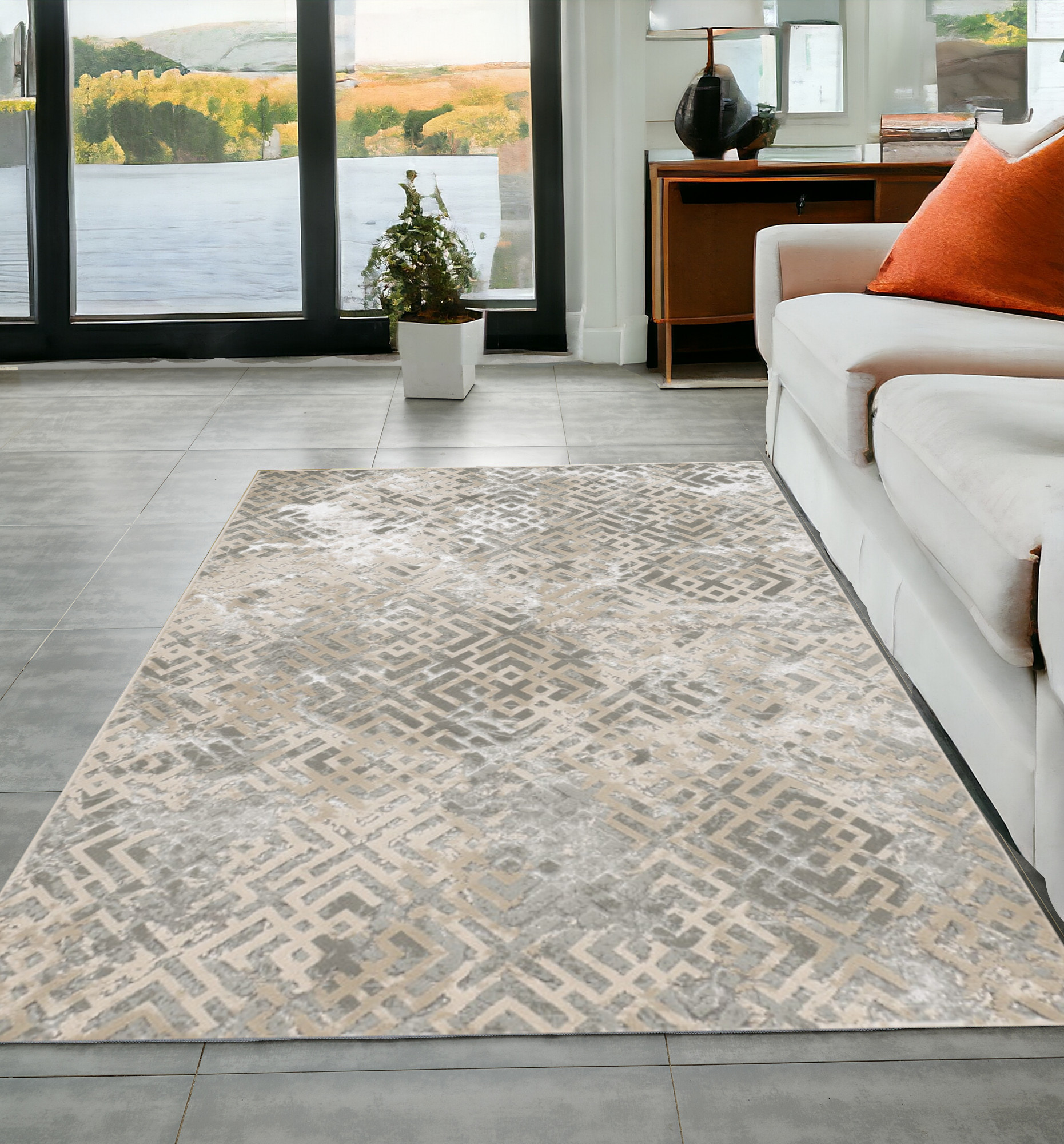 5' X 8' Sand Silver Geometric Maze Pattern Indoor Area Rug-352749-1