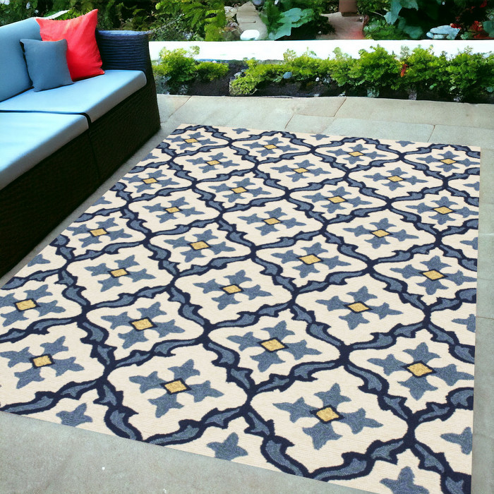 5' X 7' Ivory Or Blue Geometric Mosaic Indoor Outdoor Area Rug-352771-1