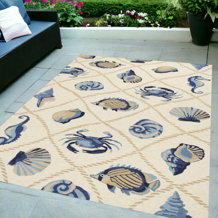 5'X8' Sand Beige Hand Hooked Uv Treated Coastal Sea Life Indoor Outdoor Area Rug-352774-1