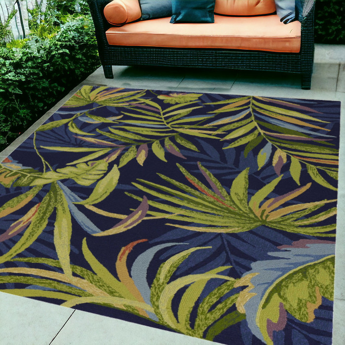 5' X 7' Ink Blue Tropical Leaves Uv Treated Indoor Outdoor Area Rug-352784-1