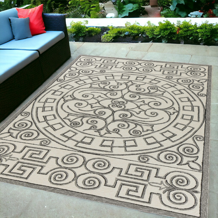 5' X 7' Ivory Or Grey Geometric Pattern Uv Treated Indoor Outdoor Area Rug-352786-1