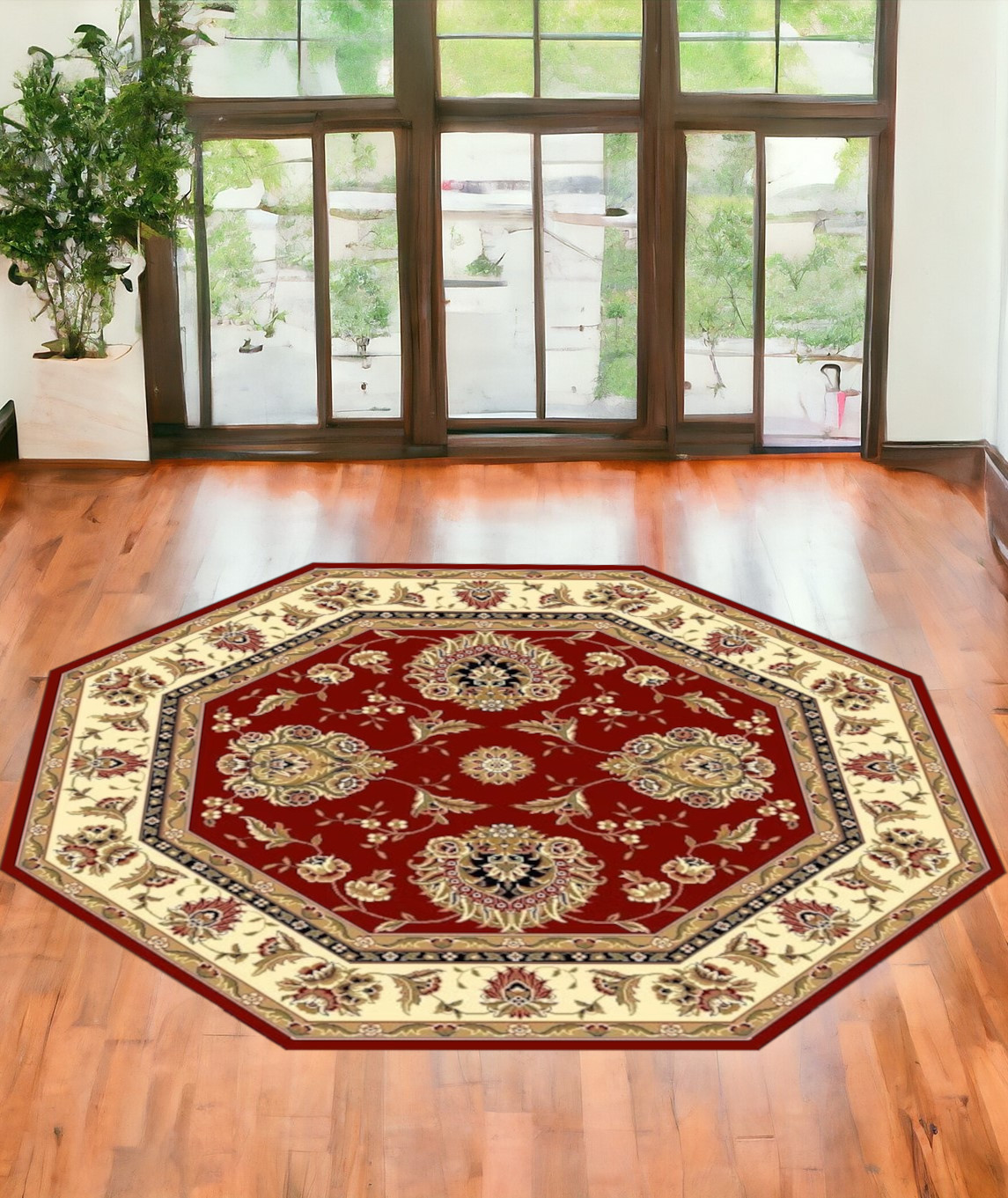 Red And Ivory Octagon Floral Vines Area Rug-352833-1