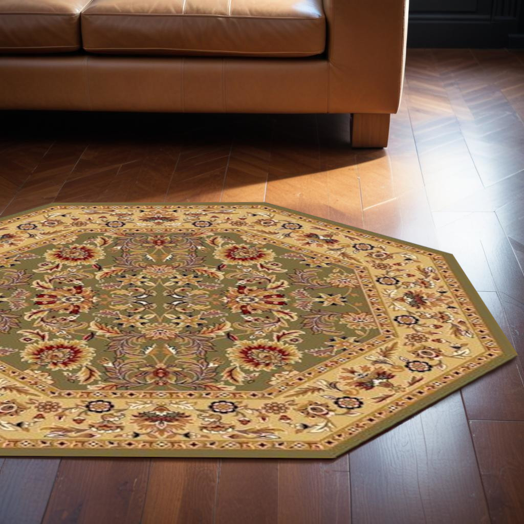 7' Green And Taupe Floral Octagon Rug-352856-1