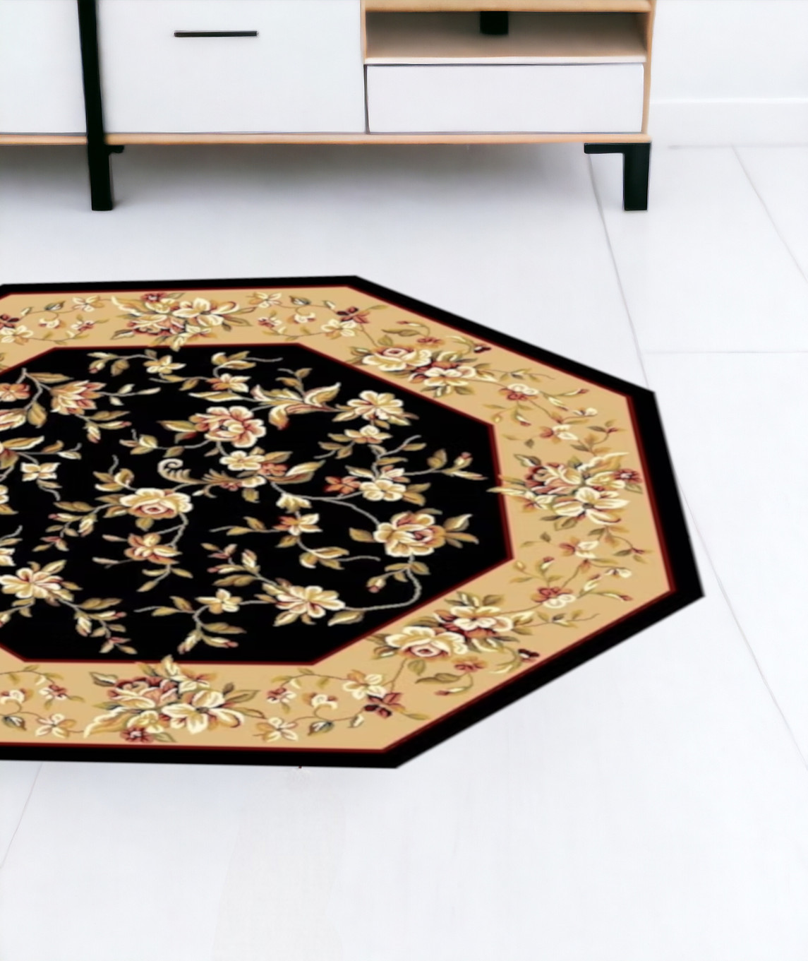 7' Beige And Black Floral Octagon Rug-352880-1