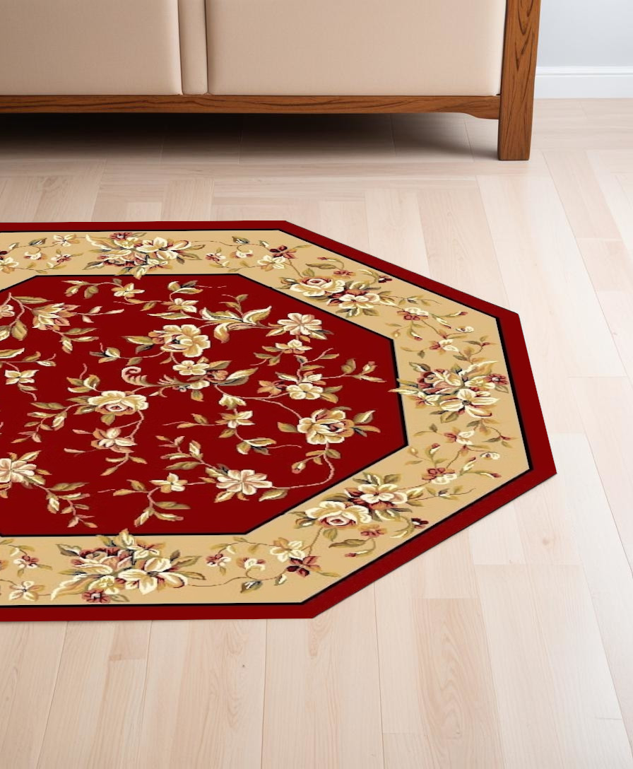 7' Red And Beige Floral Octagon Rug-352882-1
