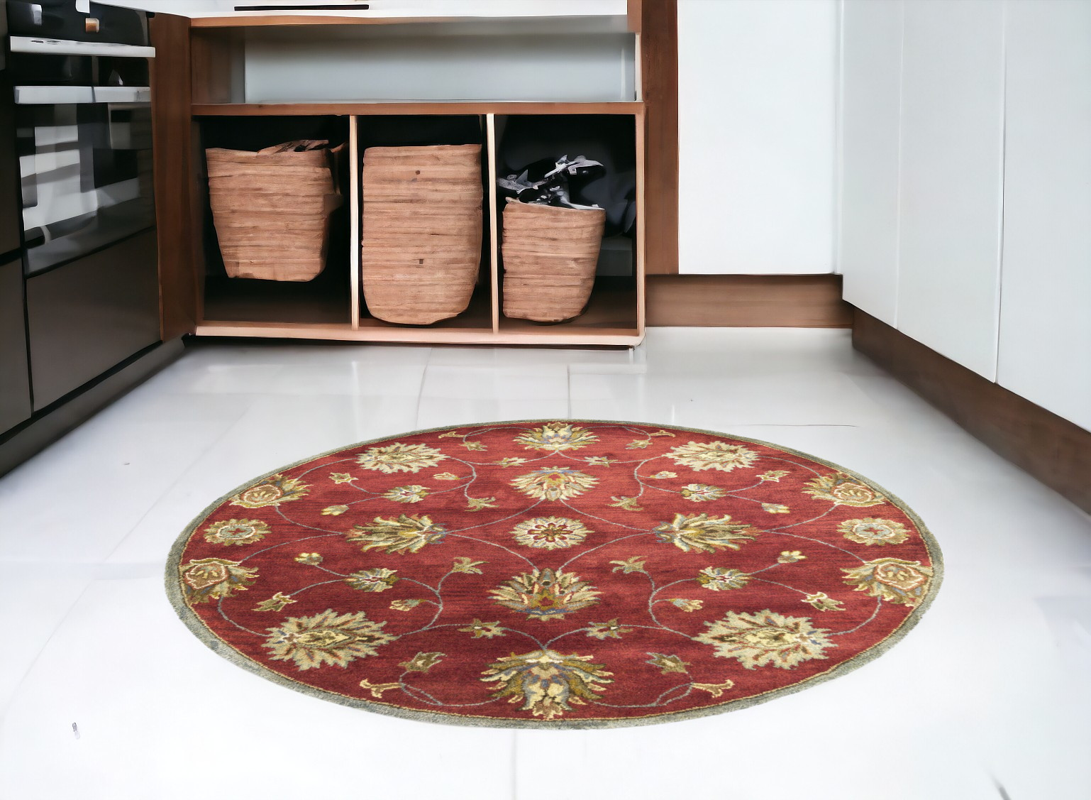 5' Round Red Floral Vine Wool Indoor Area Rug-352888-1