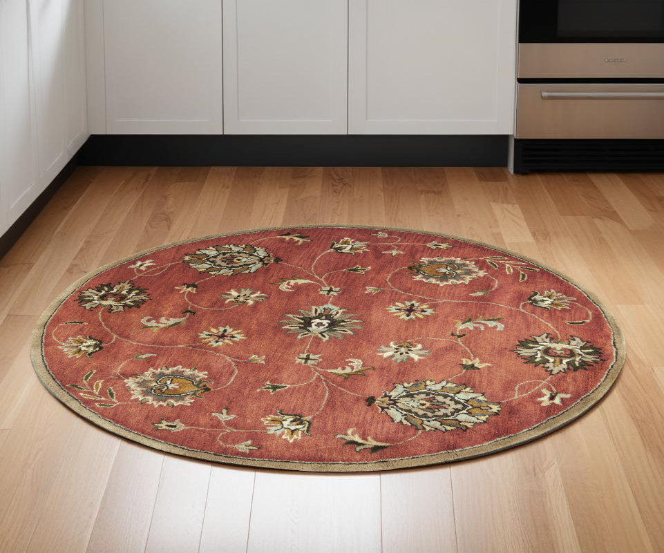 6' Sienna Gold And Green New Zealand Lambs Wool Floral Hand Tufted Round Rug-352892-1