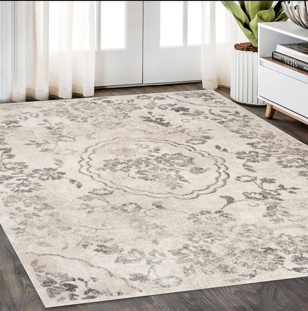 5' X 8' Gray And Dark Gray Floral Distressed Area Rug-352929-1