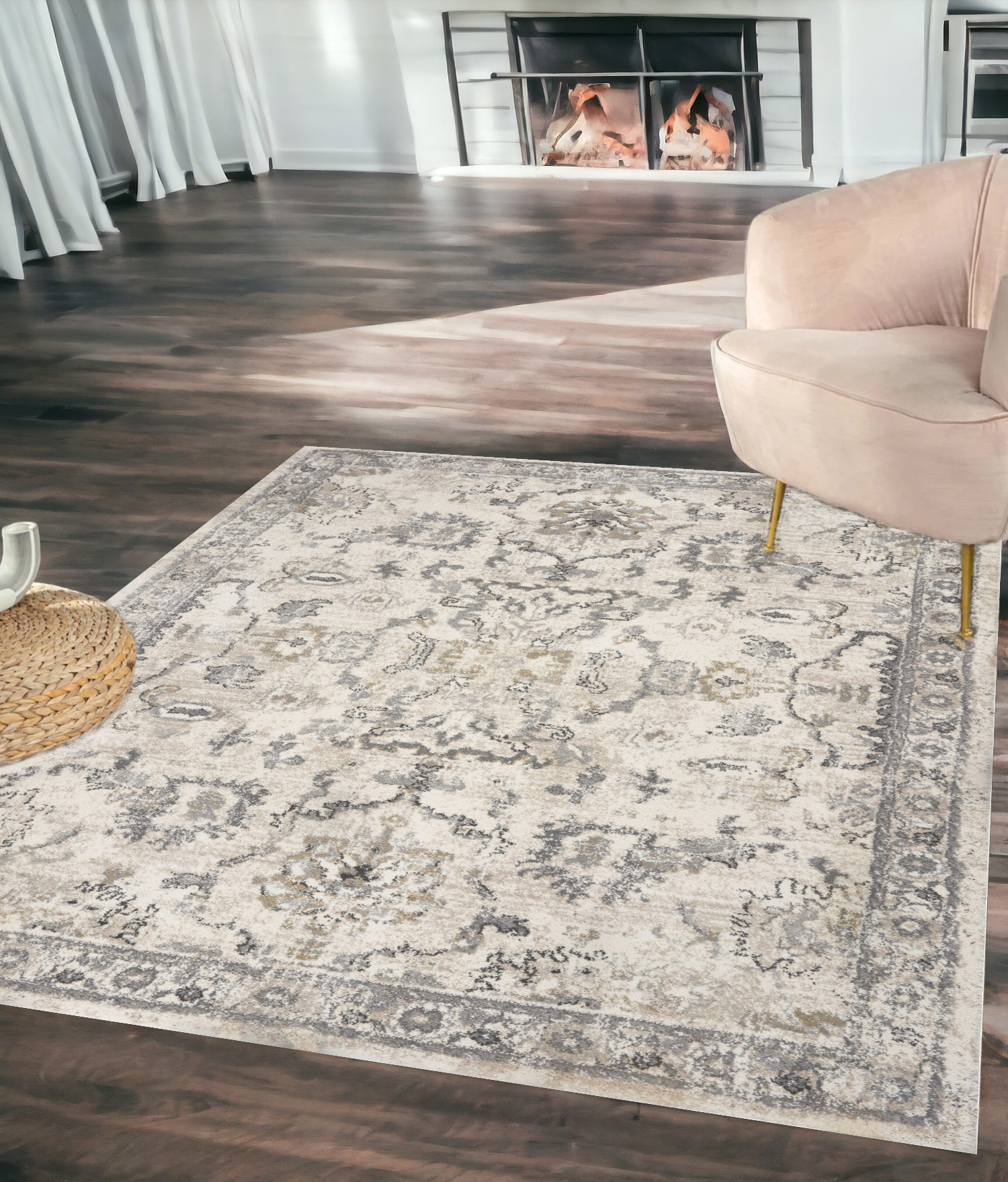 5' X 8' Ivory Machine Woven Distressed Floral Traditional Indoor Runner Rug-352931-1