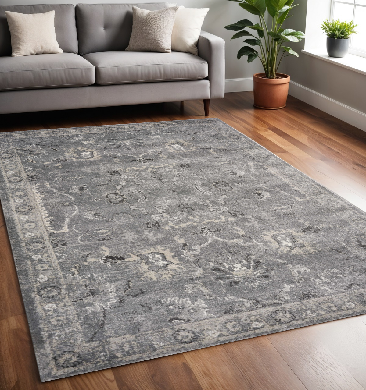 5' X 8' Gray And Light Gray Floral Area Rug-352932-1