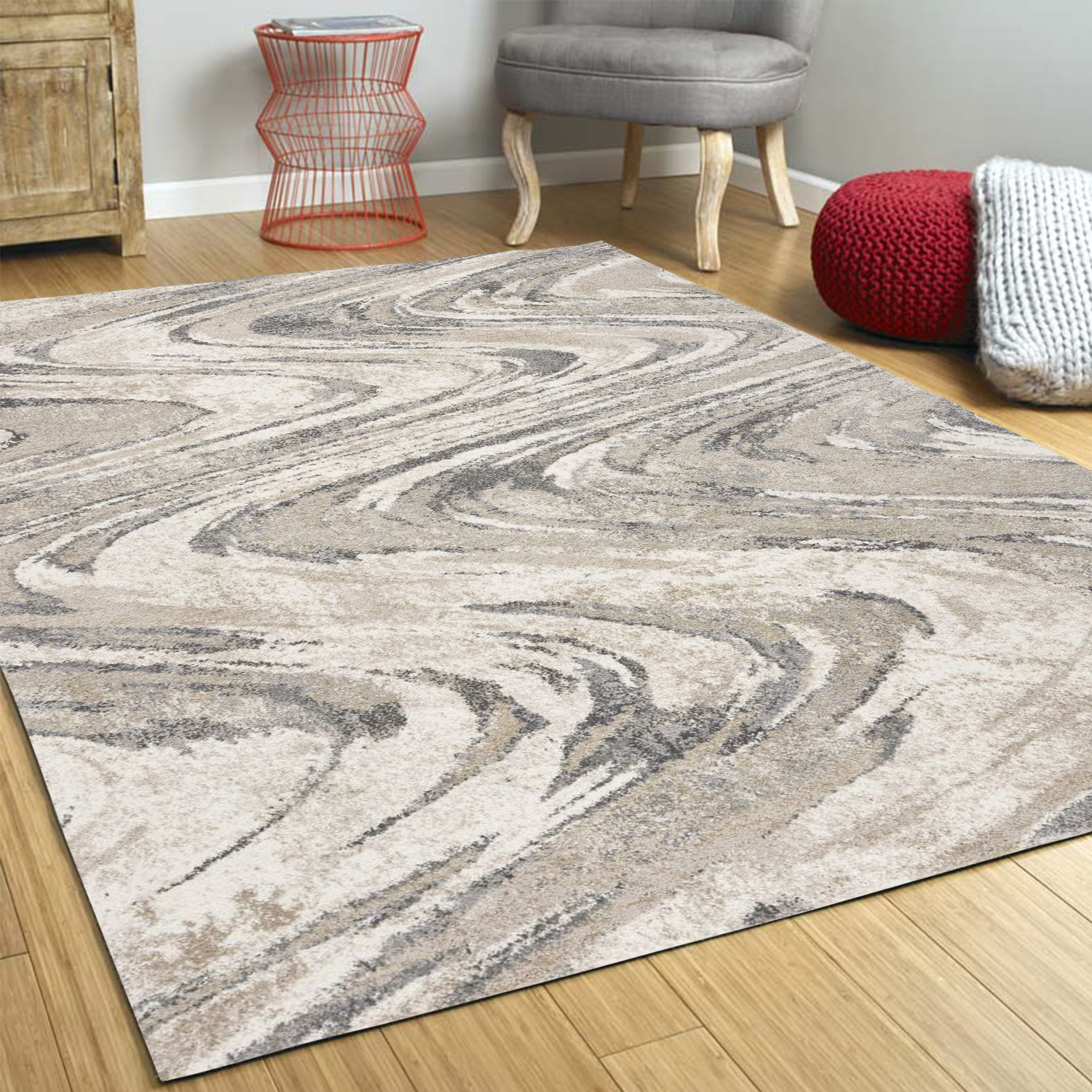 5" X 8" Natural Abstract Wave Brushstrokes Indoor Area Rug