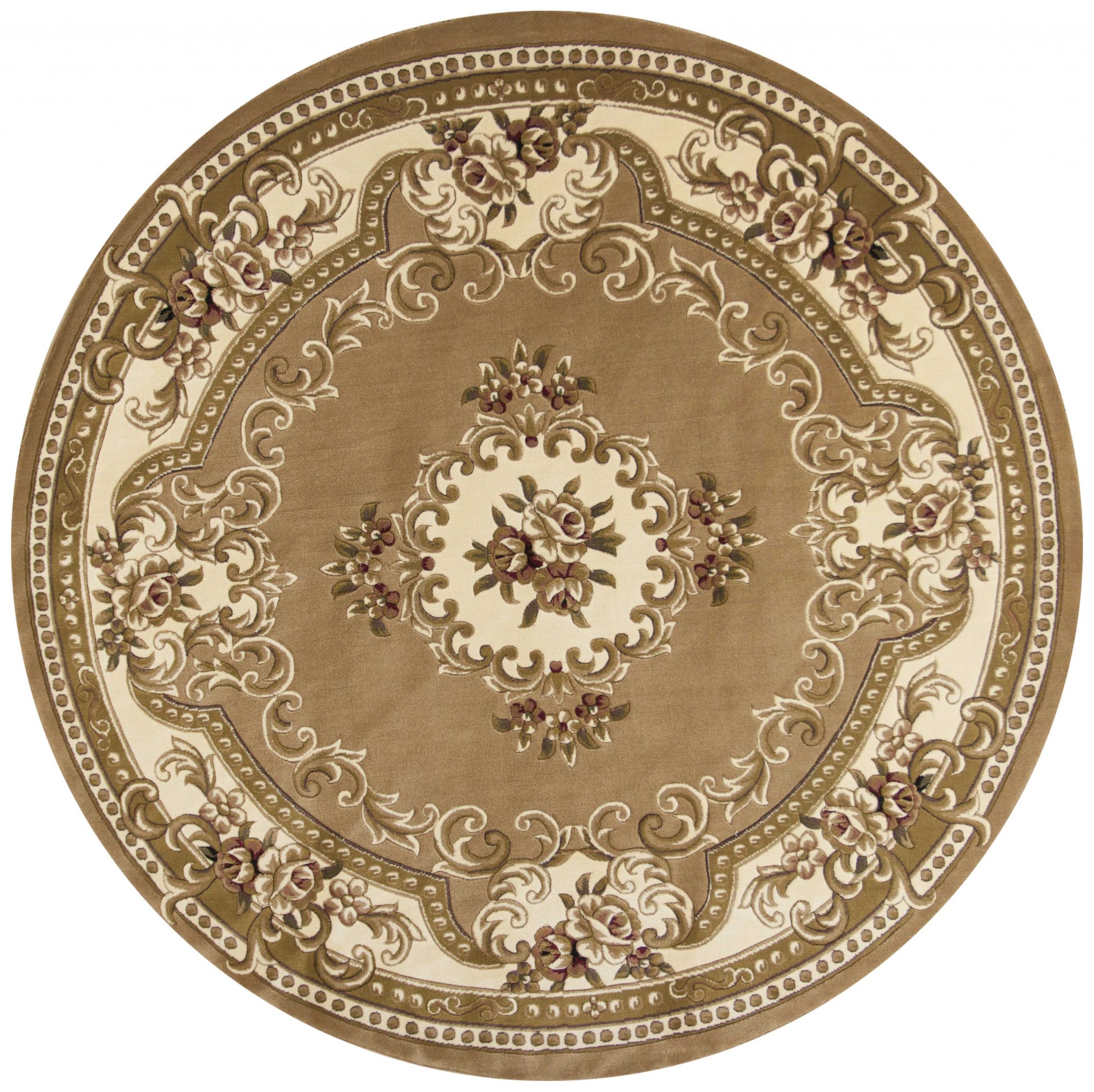 8' Beige Ivory Machine Woven Hand Carved Floral Medallion Round Indoor Area Rug-352950-1