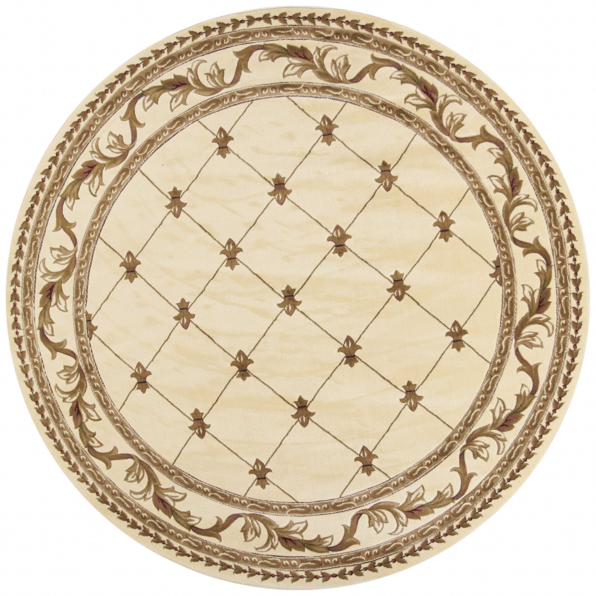 8" Ivory Machine Woven Hand Carved Fleur De Lis Round Indoor Area Rug