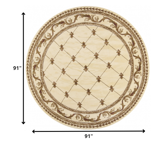 8" Ivory Machine Woven Hand Carved Fleur De Lis Round Indoor Area Rug