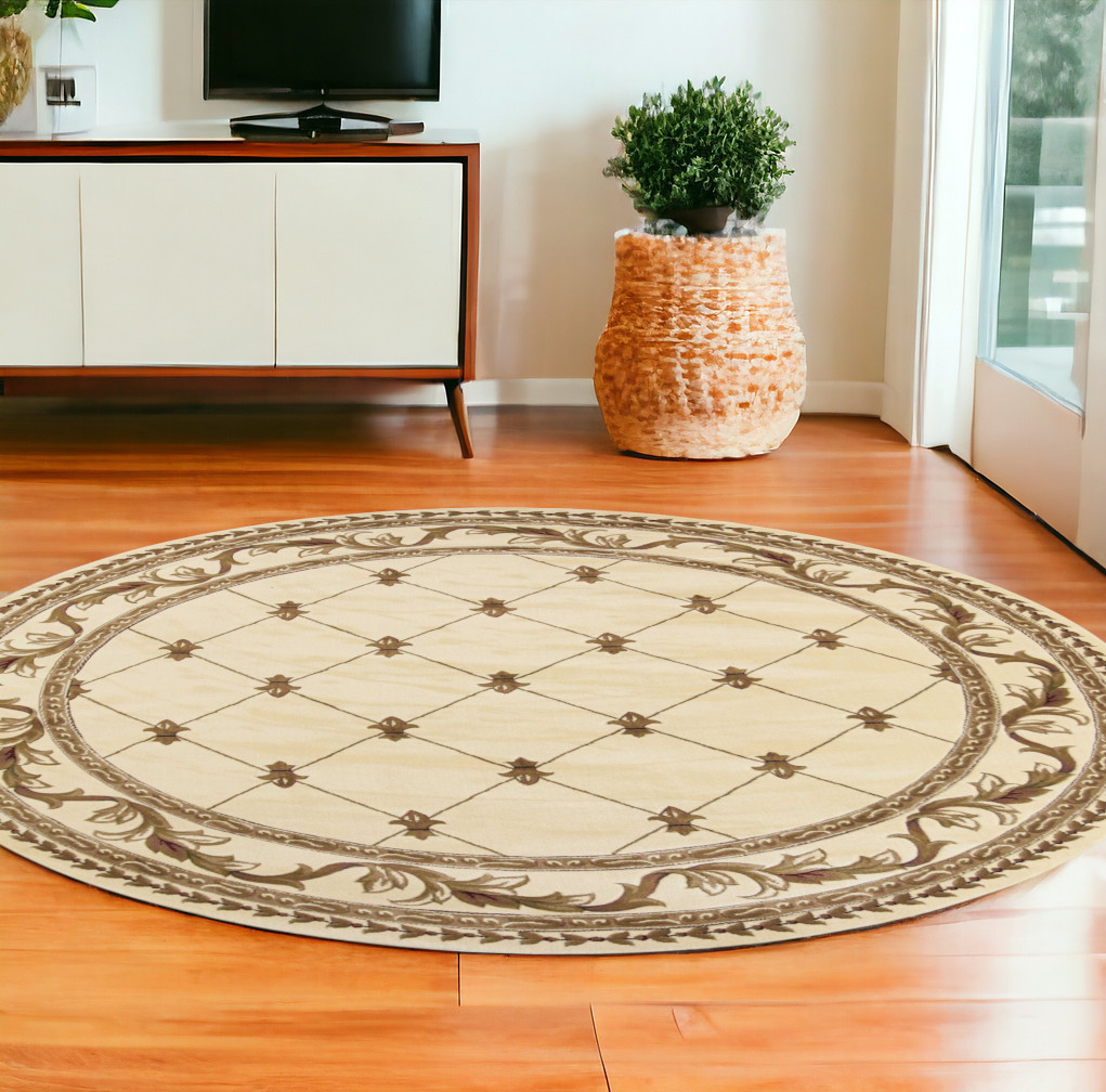 8" Ivory Machine Woven Hand Carved Fleur De Lis Round Indoor Area Rug