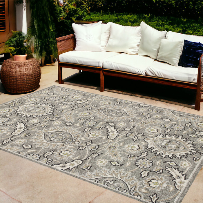 8'X11' Grey Machine Woven Uv Treated Floral Traditional Indoor Outdoor Area Rug-352974-1