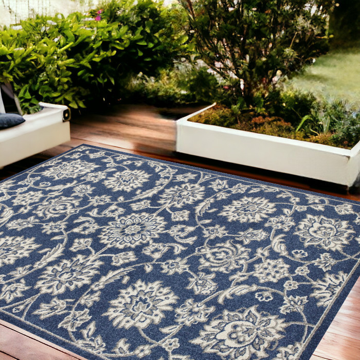 8' X 11' Denim Blue Floral Indoor Outdoor Area Rug-352977-1