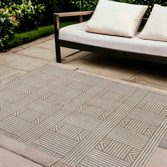 8'X11' Beige Machine Woven Uv Treated Abstract Lines Indoor Outdoor Area Rug-352981-1