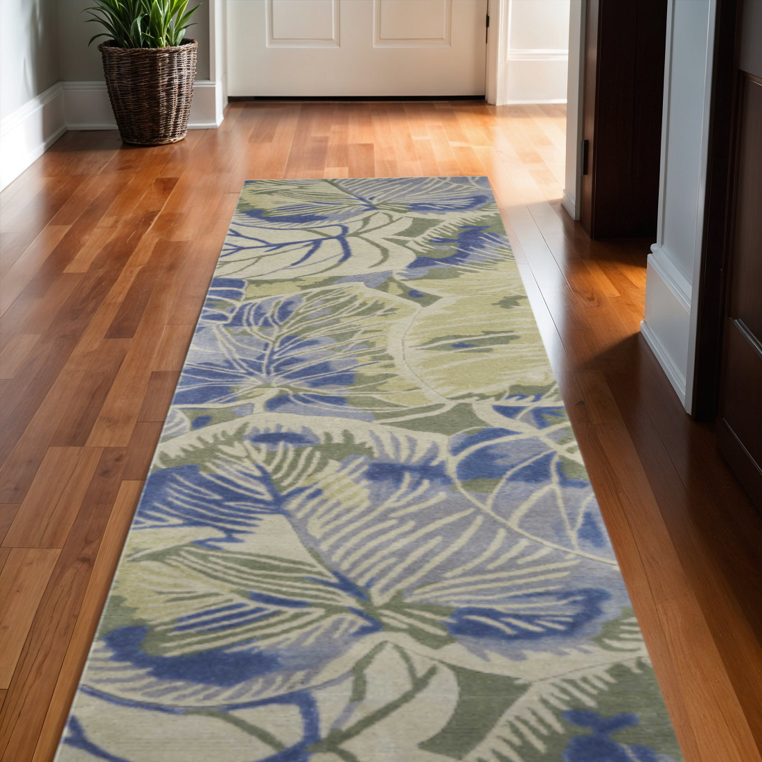 10' Blue And Green Wool Botanical Leaves Hand Tufted Runner Rug-353004-1