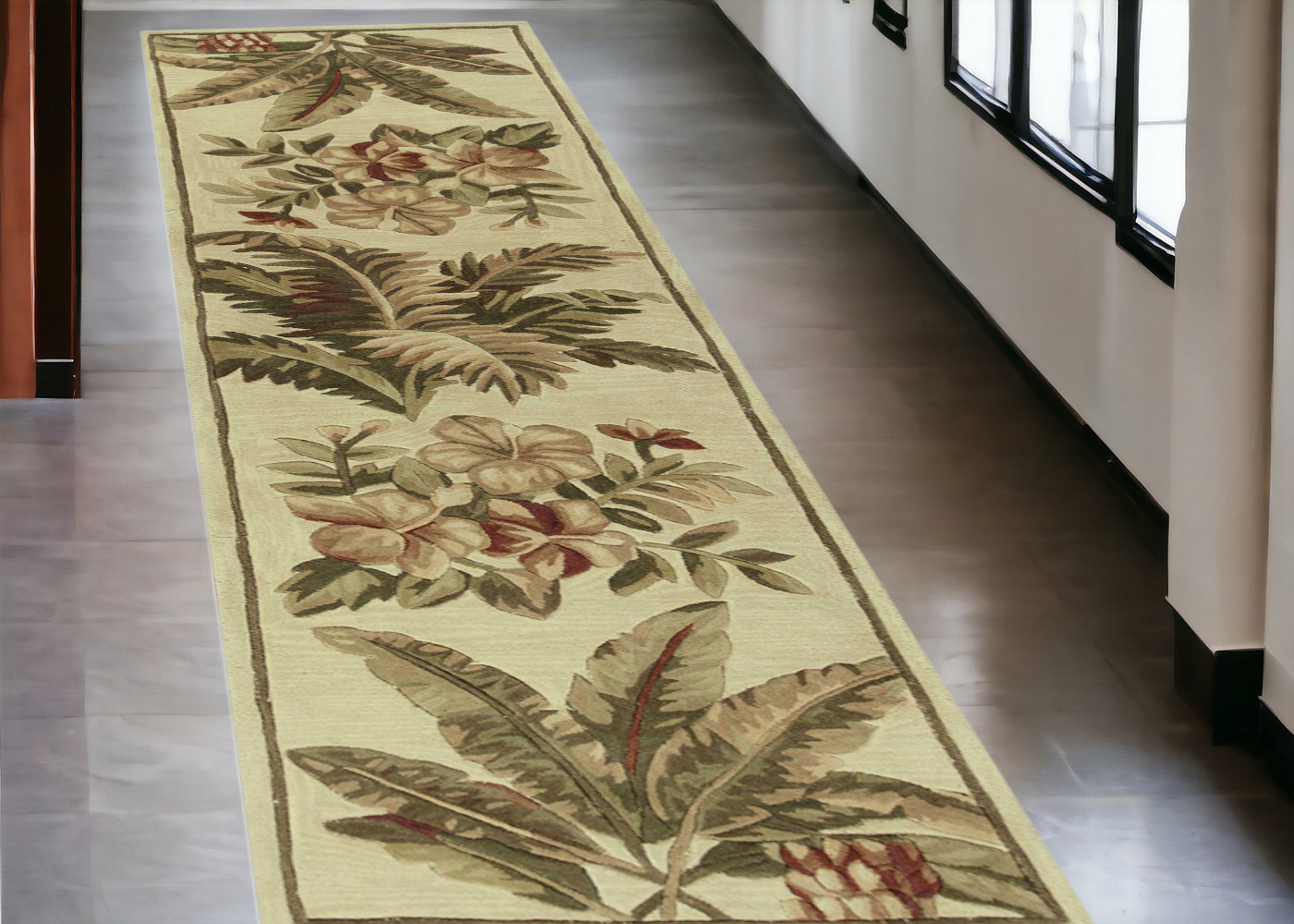 10' Ivory Hand Tufted Tropical Indoor Runner Rug-353007-1