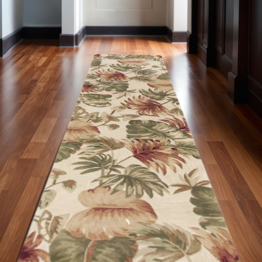 2' X 10' Beige Palm Leaves Wool Indoor Runner Rug-353012-1