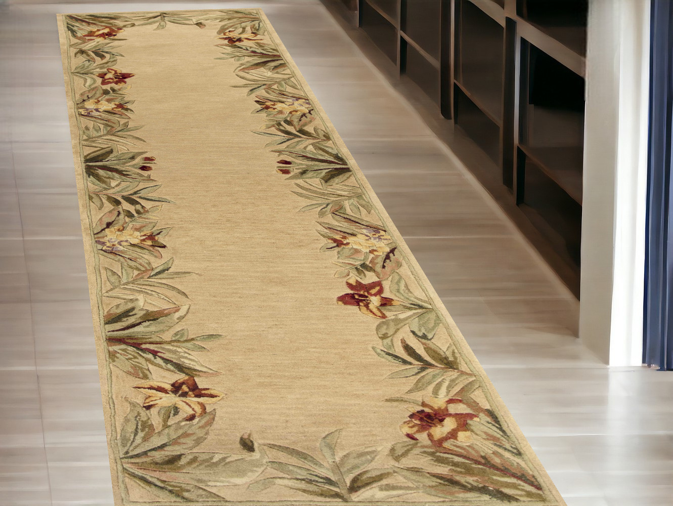 10' Ivory Hand Tufted Bordered Tropical Plants Indoor Runner Rug-353013-1