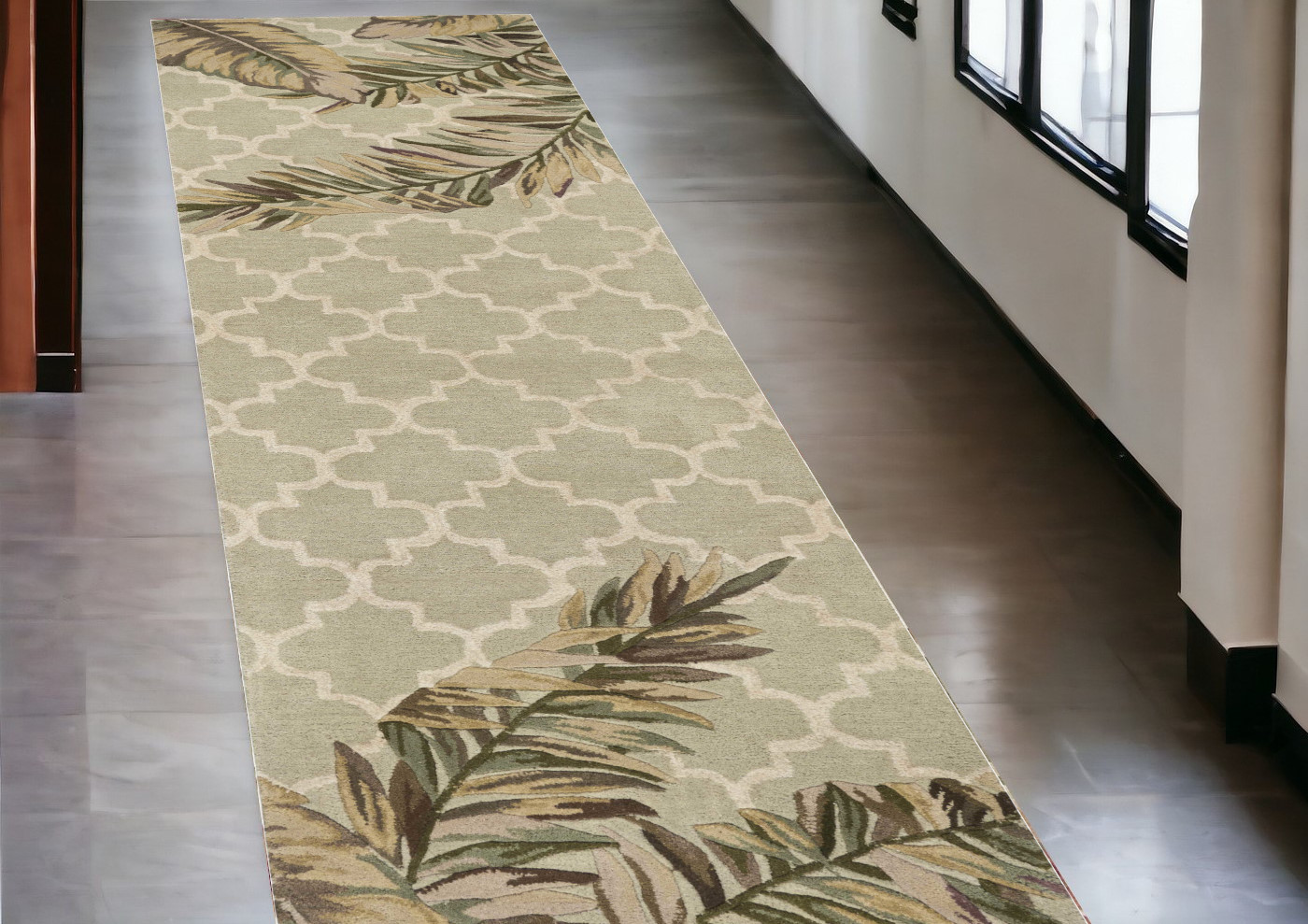 2' X 10' Sage Tropical Leaves Mosaic Wool Indoor Runner Rug-353014-1