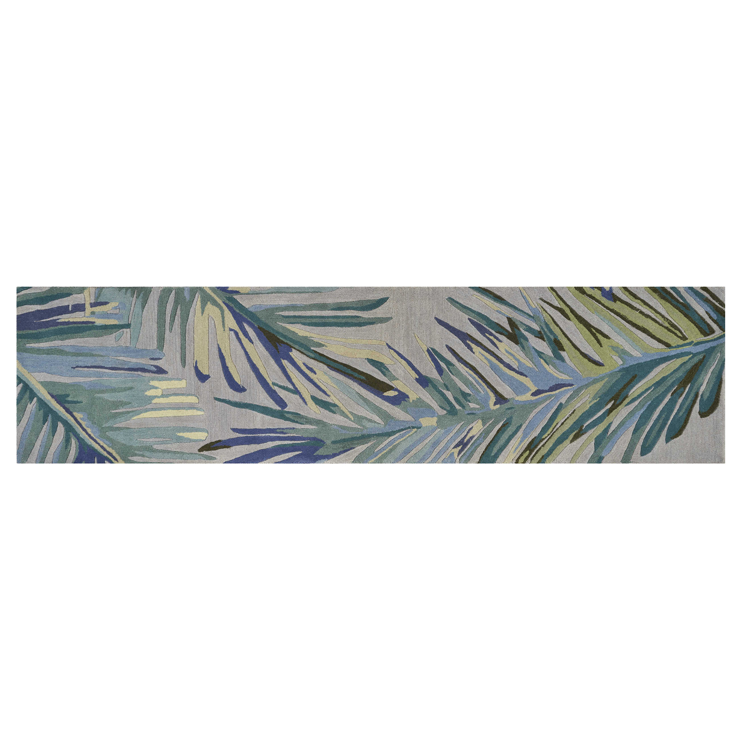 2' X 10' Grey Or Blue Tropical Leaves Wool Indoor Runner Rug-353016-1