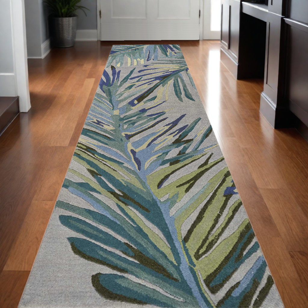 10' Gray And Blue Wool Tropical Botanical Hand Tufted Runner Rug-353016-1