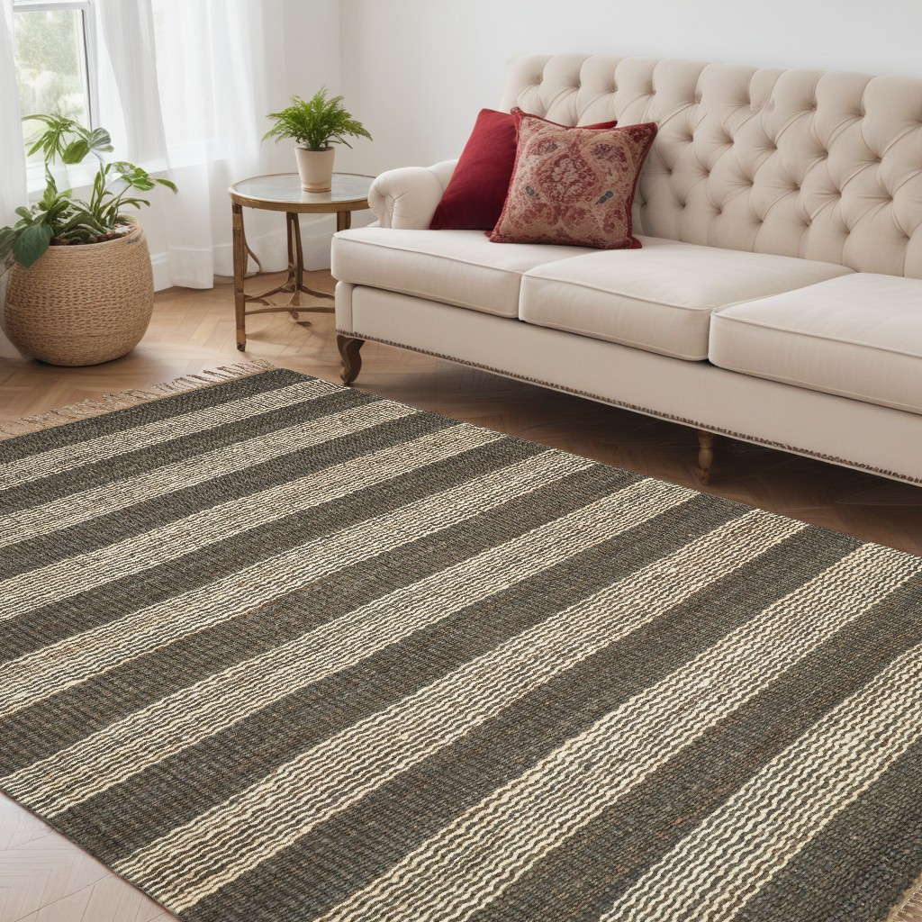 5' X 7' Brown and Beige Striped Hand Woven Area Rug-353021-1