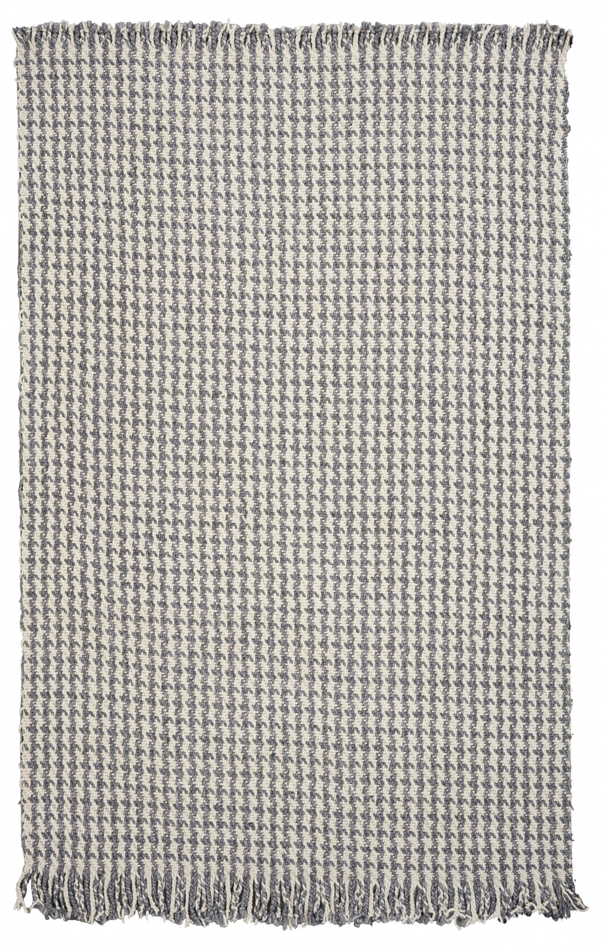 5" X 8" Ivory Or Grey Plaid Knitted Wool Indoor Area Rug With Fringe