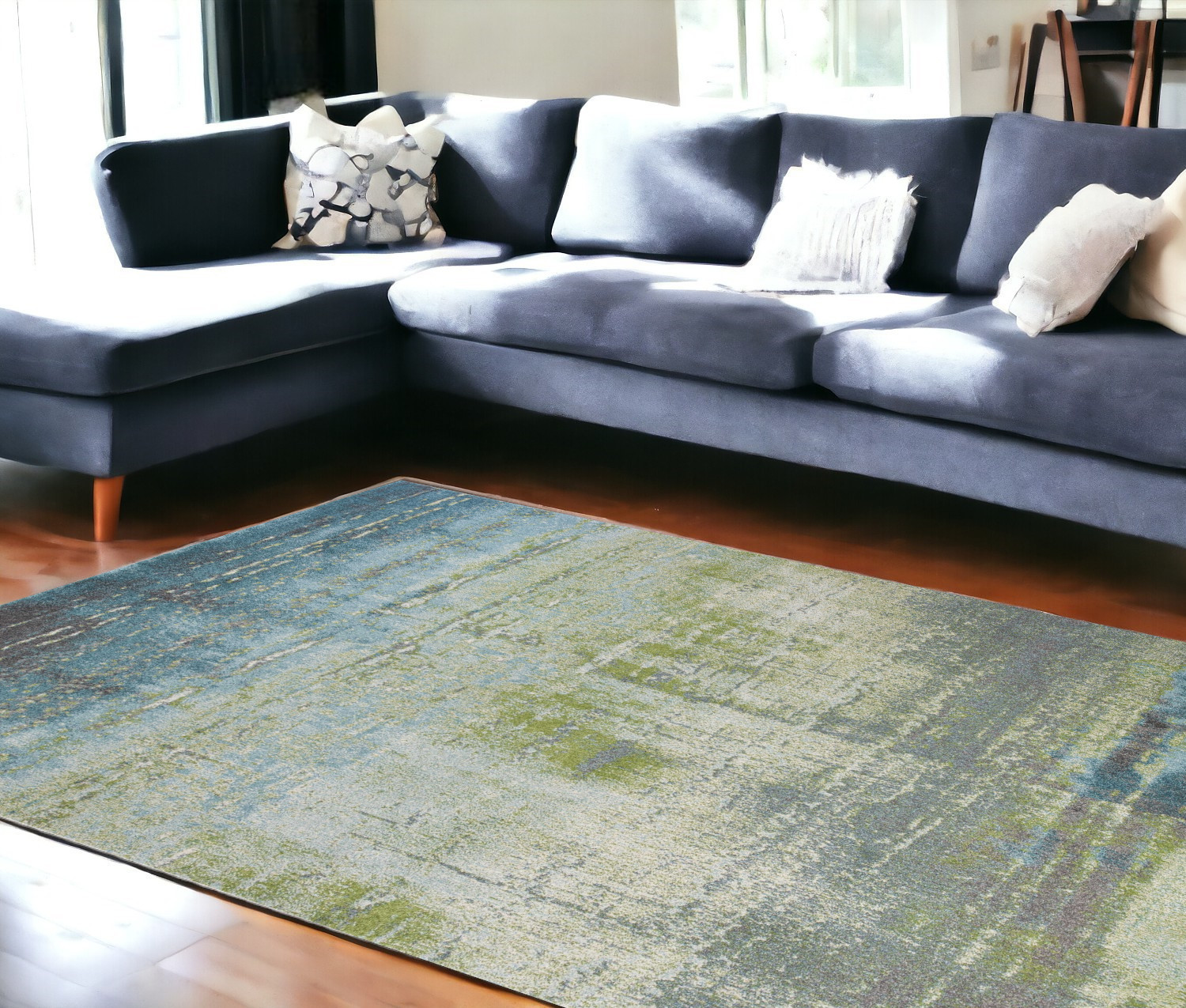 7' X 10' Blue Green Machine Woven Abstract Brushstroke Indoor Area Rug-353061-1