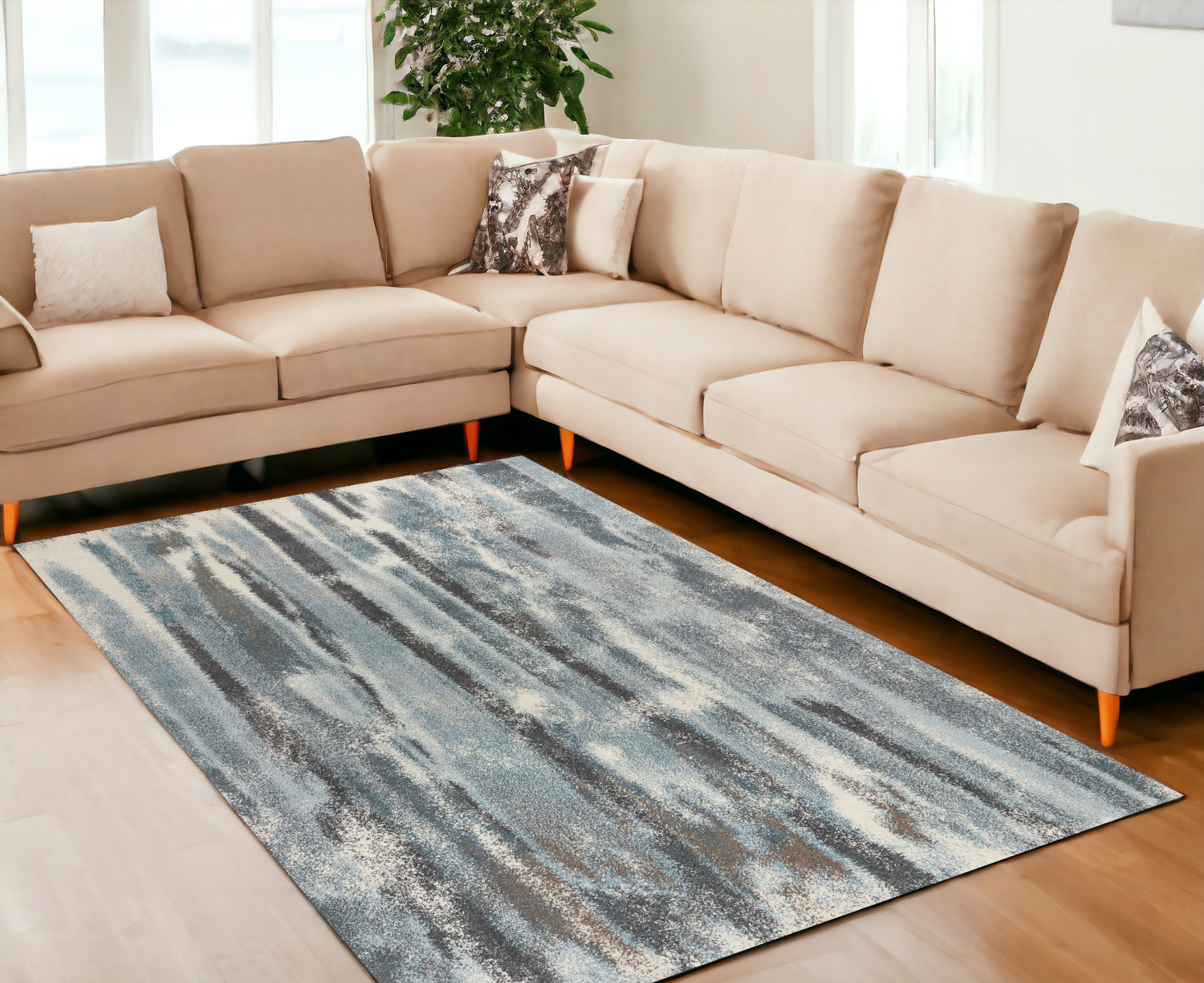7' X 10' Teal Blue Machine Woven Abstract Stripes Indoor Area Rug-353065-1