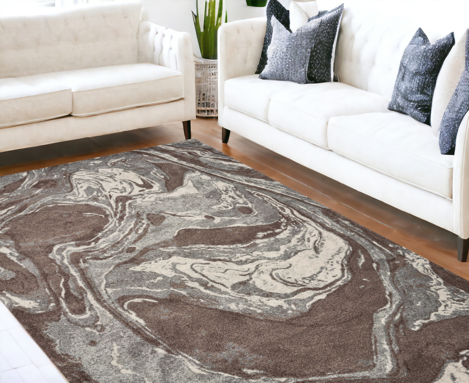 7' X 10' Mocha Brown Machine Woven Abstract Watercolor Indoor Area Rug-353067-1