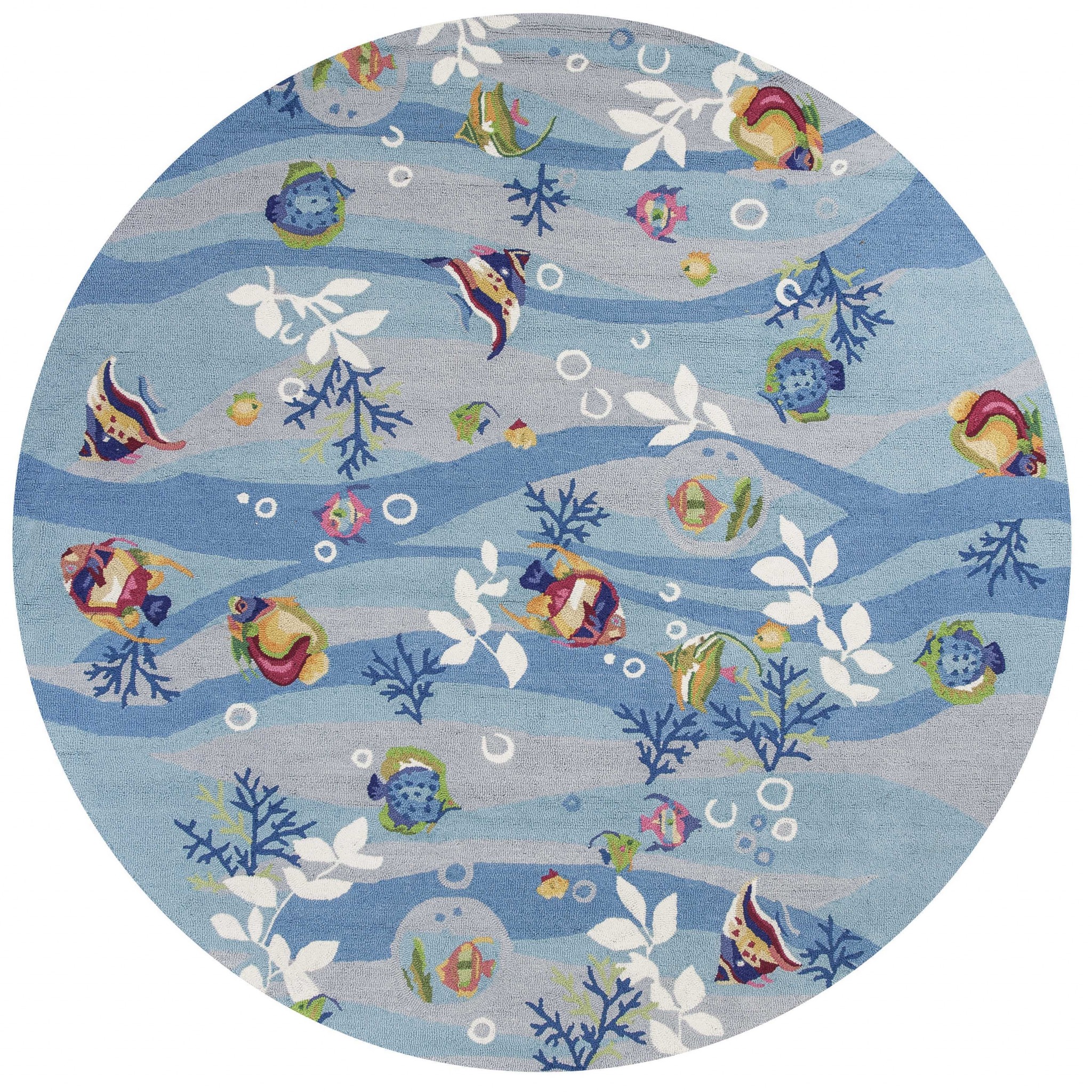 8' Blue Hand Hooked Marine Life Round Indoor Area Rug-353070-1