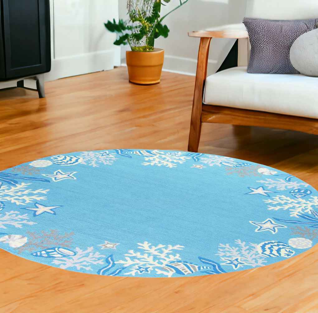 8' Sea Blue Hand Hooked Bordered Coral Reef Round Indoor Area Rug-353072-1