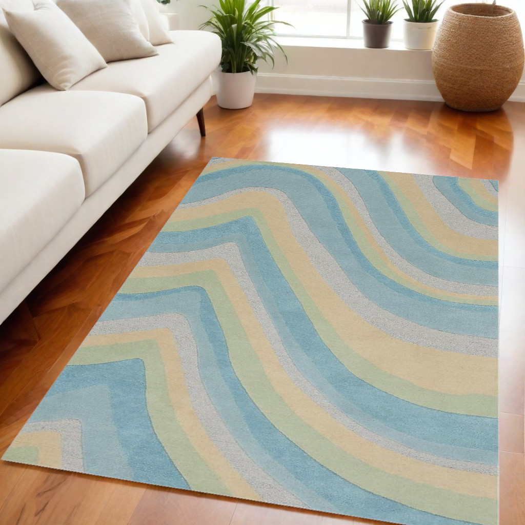 5' X 8' Ocean Blue Beige Hand Tufted Abstract Waves Indoor Area Rug-353101-1