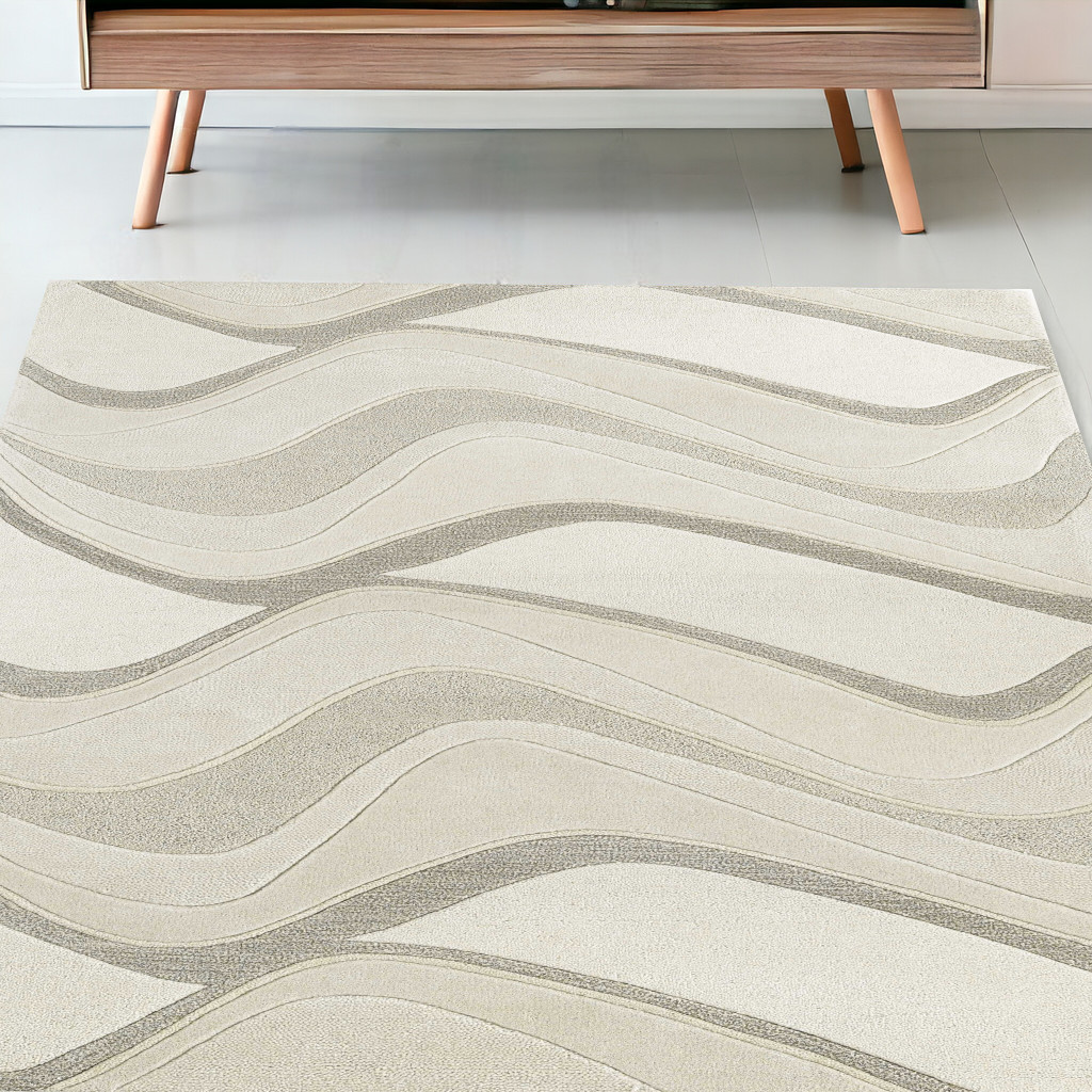 5'X8' Ivory Hand Tufted Abstract Waves Indoor Area Rug-353109-1