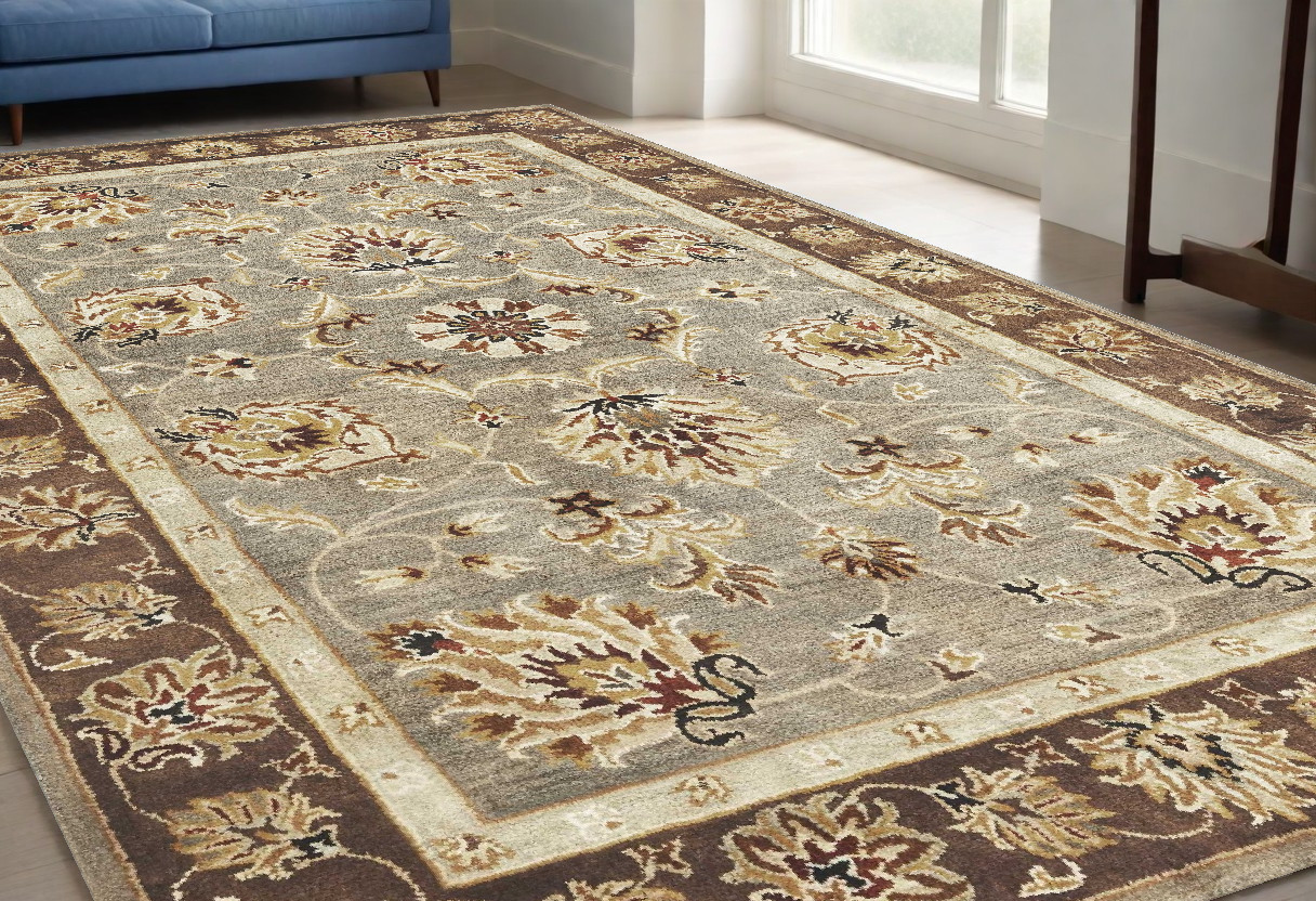 5' X 8' Gray Brown And Cream New Zealand Lambs Wool Floral Hand Tufted Area Rug-353133-1