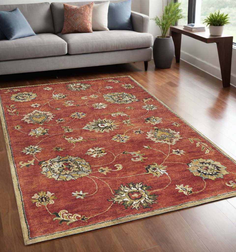 5' X 8' Sienna Gold And Green New Zealand Lambs Wool Floral Vines Hand Tufted Area Rug-353138-1