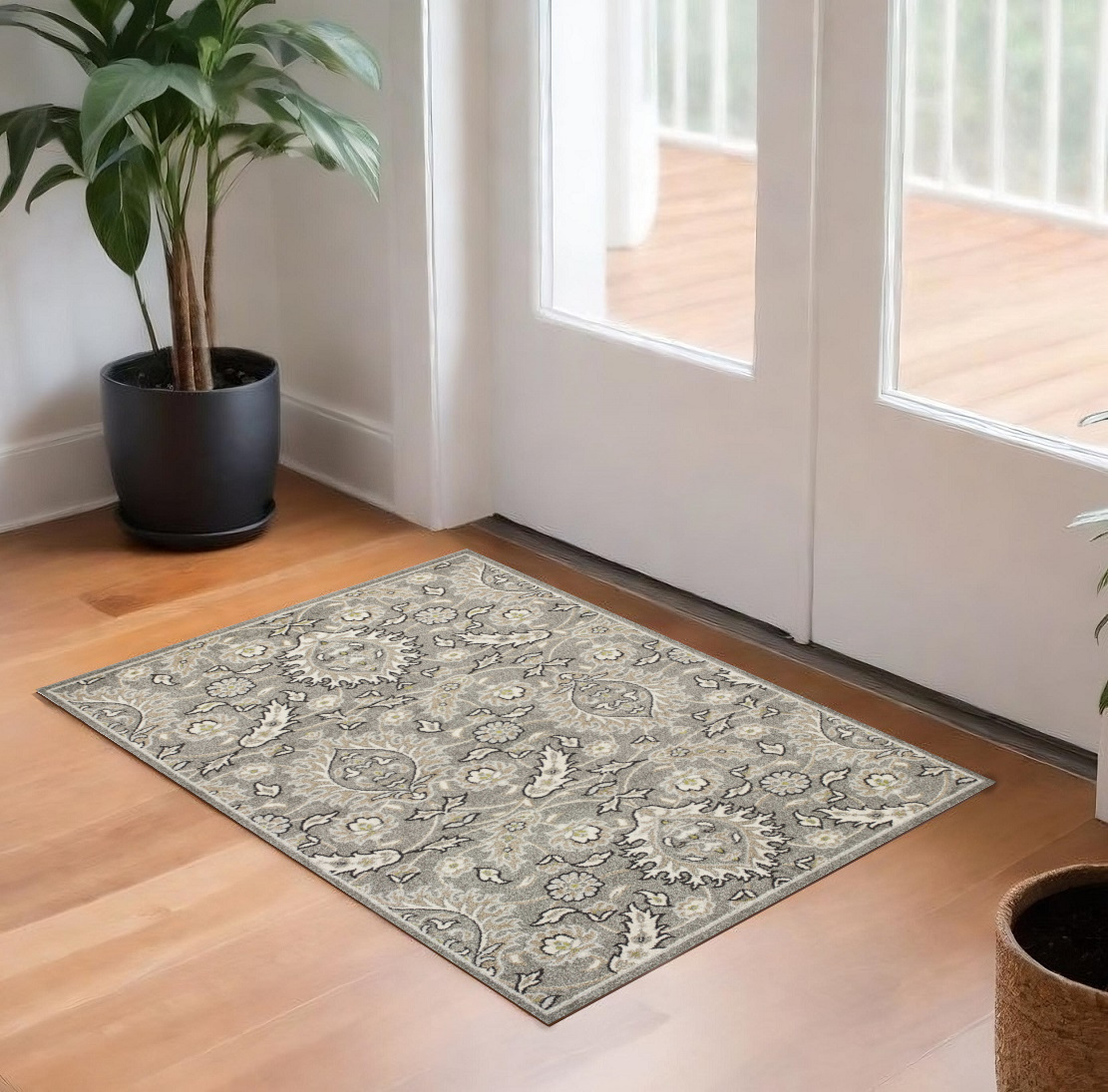 2" X 4" Gray and Ivory Floral Area Rug