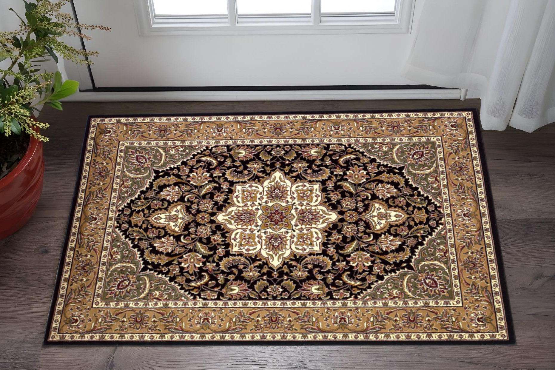 2' X 3' Beige And Black Floral Medallion Area Rug-353183-1
