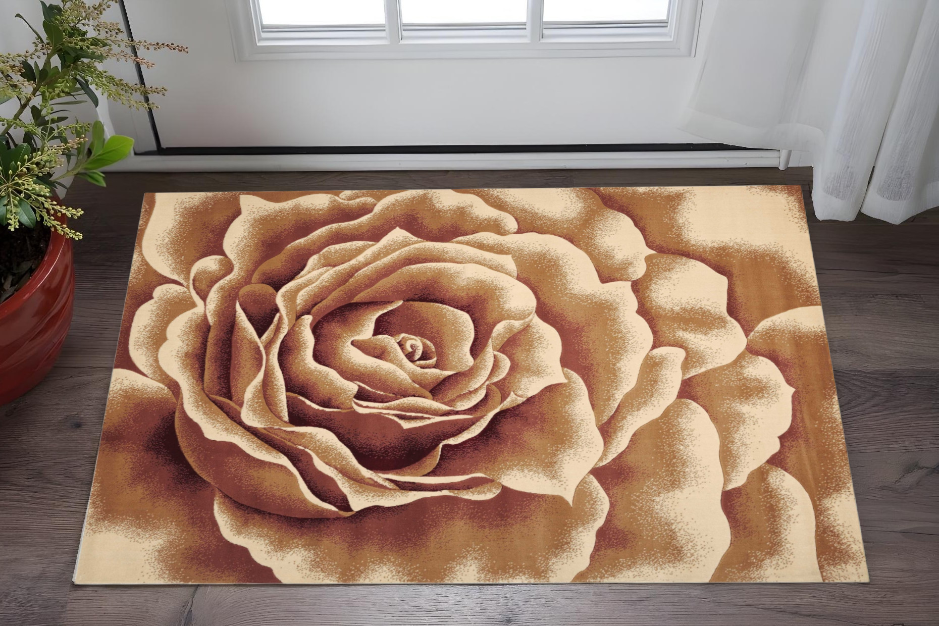 2' X 3' Ivory Machine Woven Hand Carved Oversized Floral Indoor Accent Rug-353206-1